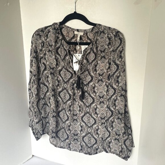 Joie Silk Shirt Womens Small Black V-Neck Long Sleeve Paisley Tassels Calla Top - Picture 5 of 7